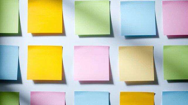 Empty colorful sticky notes on a wall with moving shadows. Concept for brainstorming, planning, teamwork, creativity, and project management
