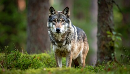 Obraz premium Wolf in forest. Grey, brown, and black coat, green foliage background