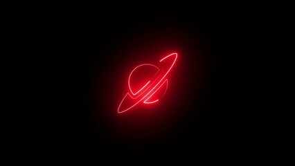 Glowing red neon planet Saturn with rings in black background © 10 YEARS
