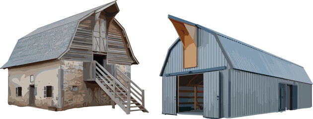 Rustic wooden barn and modern metal barn vector illustration isolated showing rural farm buildings, agricultural storage architecture and countryside structures © Mst