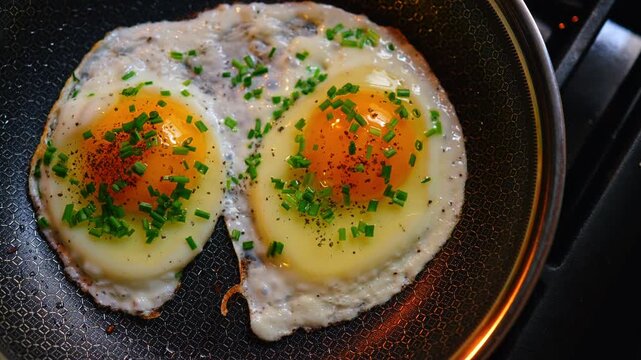 Top view of two fried eggs with green chives. High angle close up of two eggs with chopped chives and pepper in a textured hexagonal non-stick frying pan.