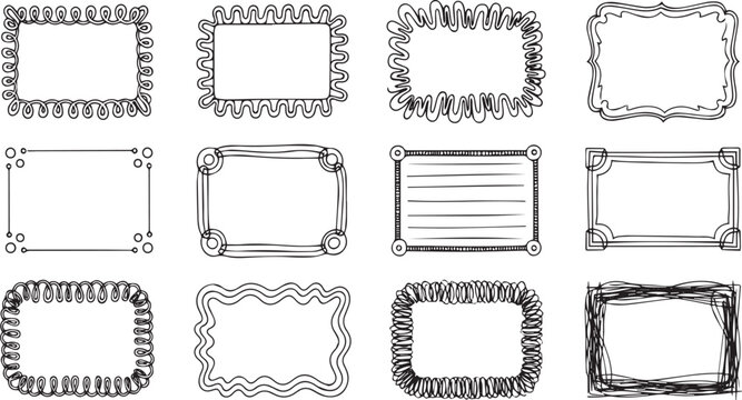 Set of 12 Hand-Drawn Doodle Frames Vector Collection for Creative Design, Borders, and Text Boxes &ndash; Black and White Sketch Style Elements