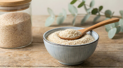 Bowl of Psyllium Husk with Wooden Spoon and Jar on Rustic Table