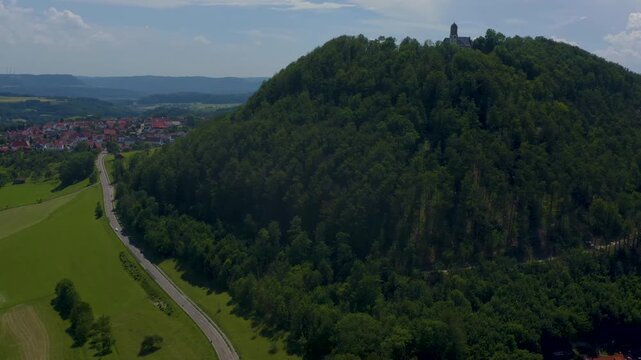 Aerial of the Castel Burgruine Hohenrechberg in Germany. On a sunny day ins Germany.