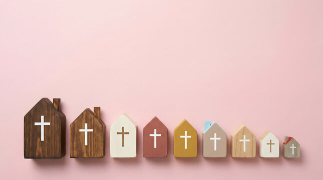 Miniature churches with crosses arranged in descending size on pink background