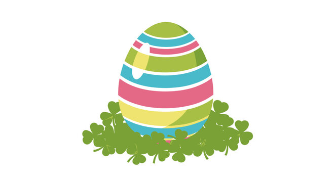 Colorful Easter egg surrounded by shamrocks on white background.