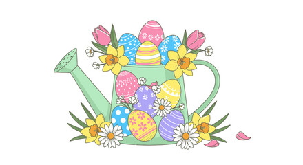 Colorful Easter Eggs and Flowers in Watering Can.