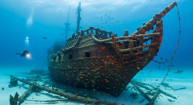 Underwater Ancient Shipwreck Scene with Debris.