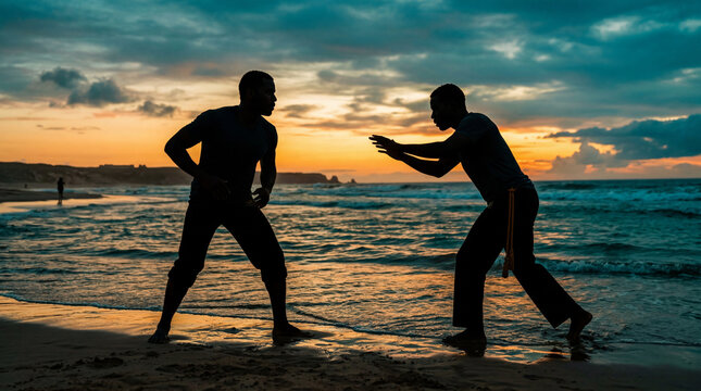 Silhouette of Capoeira Players Performing Chamada Ritual at Ocean Horizon