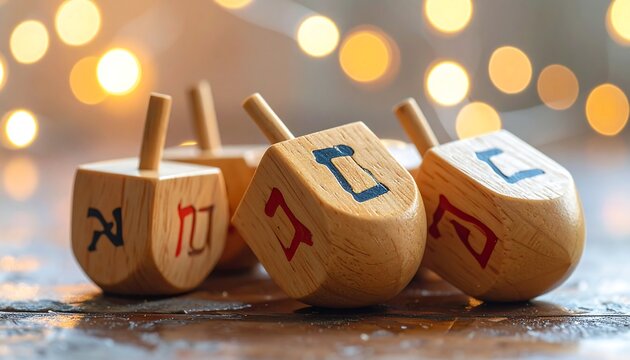Wooden dreidels with Hebrew letters sit against bokeh lights on a reflective surface, creating a festive atmosphere