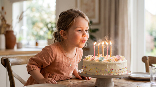 Young Girl in Peach Dress Blowing Five Birthday Cake Candles