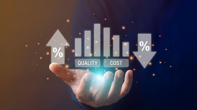 Business growth concept: increasing quality, decreasing cost with graph and arrows.