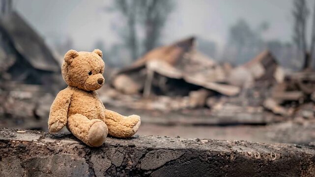 Sad lonely teddy bear sitting amidst the rubble and ashes of a destroyed building. Concept of lost childhood, war, tragedy, and grief