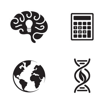 Icons representing brain calculator earth and dna concepts