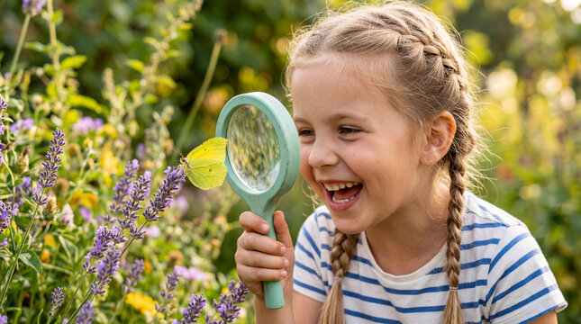 Little girl smiling through magnifying glass at yellow butterfly