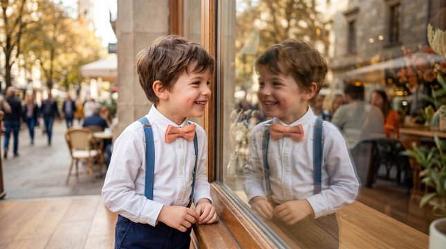 Little boy wearing peach bowtie grinning at his window reflection