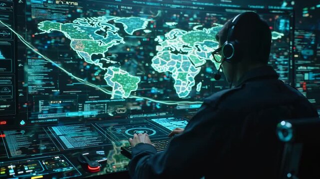 Cybersecurity analyst futuristic control room, giant curved holographic city map displaying cyber attacks, glowing neon lines tracing digital attack paths AI agent overlays holographic particle effect