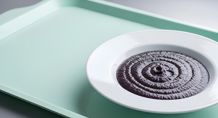 Smooth black bean purée served in a shallow white hospital bowl placed in the lower right corner of a light mint tray, most of the tray kept empty as negative space for messaging.