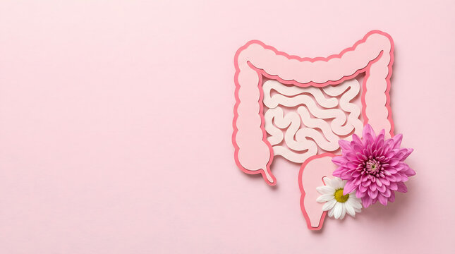 Papercraft human intestines and colon with flowers on pink background