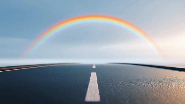 Low camera view along an endless asphalt highway leading toward a vivid rainbow arcing across a deep blue sky, symbolizing journey, hope, and the open road ahead