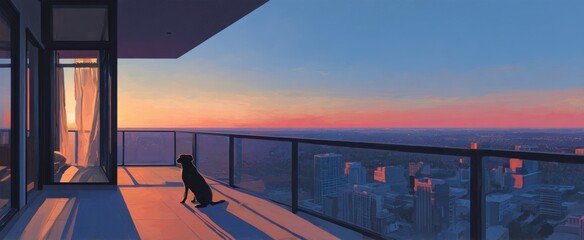 Fototapeta premium Dog silhouette on a balcony at sunset over city skyline for poster, background and digital design with pastel minimalist mood