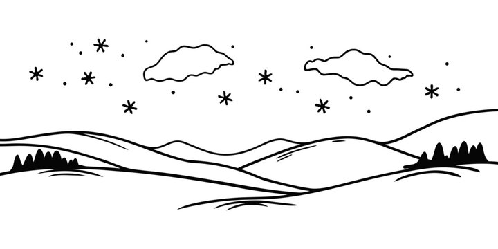 A serene winter landscape with rolling hills and snowfall