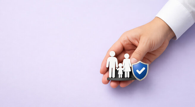 Hand holds family icon alongside shield symbolizing protection and security. This represents concept of family safety and insurance