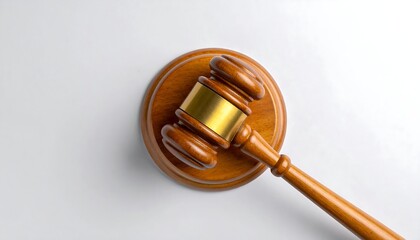Wooden gavel with golden band, resting on its base, against a bright, neutral backdrop