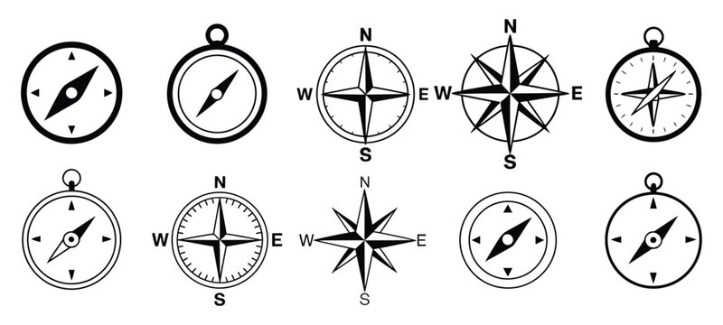 Set of compass and wind rose navigation icons