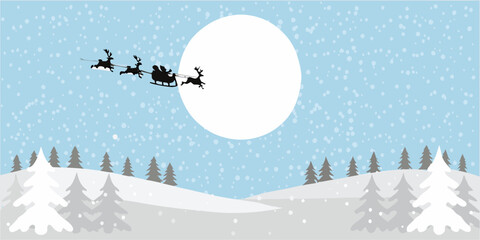 Santa claus and reindeer fly across a winter landscape with a full moon © Sunil123