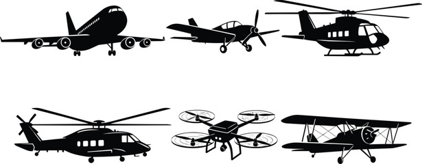 Aircraft silhouette collection, commercial jet, propeller plane, helicopters, drone, vintage biplane aviation artwork illustration set © Fenshi