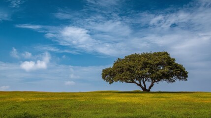 Obraz premium Majestic Tree Standing Alone in a Vibrant Green Meadow Under a Clear Blue Sky