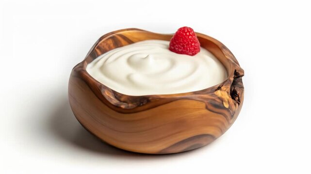 A wooden bowl filled with white yogurt and topped with a single red raspberry on a plain white background