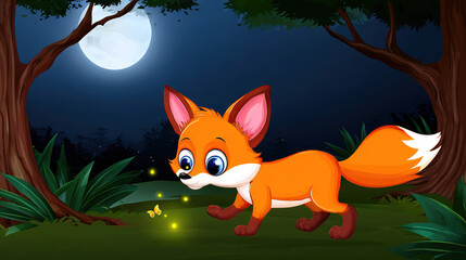 Fototapeta premium Fox walking in a moonlit forest at night