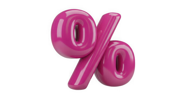 Pink percent sign symbol made of shiny plastic on white background transparent background