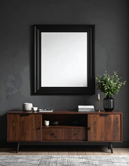Modern room console table, mirror, dark wall, minimalist