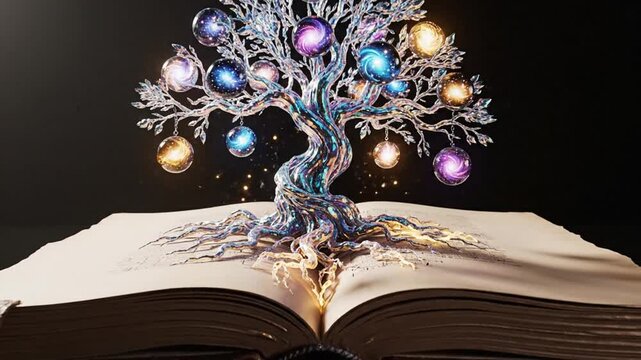 A magical tree with glowing orbs emerging from an open book, symbolizing knowledge and imagination in a mystical setting