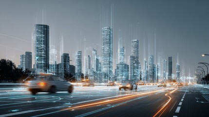 Fototapeta premium Futuristic City Skyline with Autonomous Vehicles and Innovative Urban Landscape