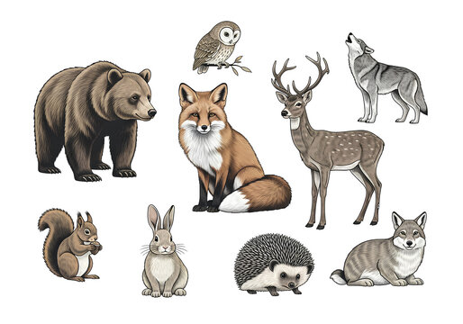 Collection of Forest Animals in Realistic Style.