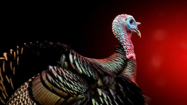 A detailed close-up of a turkey's head and upper body against a dramatic red and black gradient background