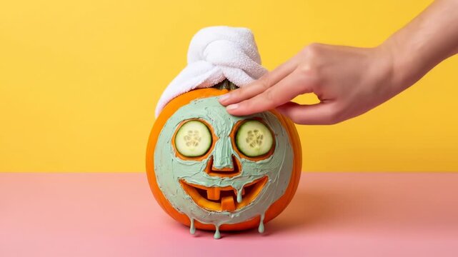 A pumpkin with a blue face mask and cucumber slices on its eyes, wearing a white towel on its stem, is being touched by a hand against a yellow and pink background