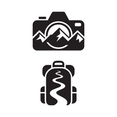 Stylized black icons depicting a camera and a hiking backpack