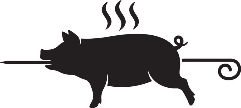 Black silhouette of a pig roasting on a spit with steam rising also transparent background