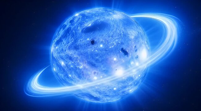 Captivating blue star with prominent rings set against a dark cosmic backdrop
