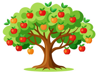 Lush apple tree with vibrant red and orange apples, green leaves, and sturdy brown trunk on grass