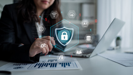 Cybersecurity protection secures network, prevents threats, and strengthens digital data security...