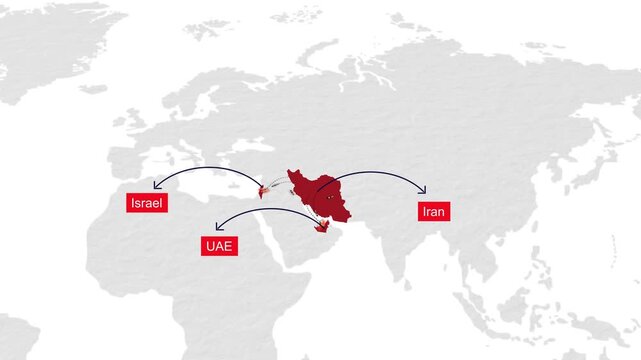 Iran and UAE and Israil map highlighted on world map 02 animated motion background video footage dynamic visual for digital media presentations market