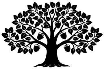 Obraz premium Intricate silhouette of oak tree with flourishing branches and leaves decorated with detailed acorns in elegant black and white design