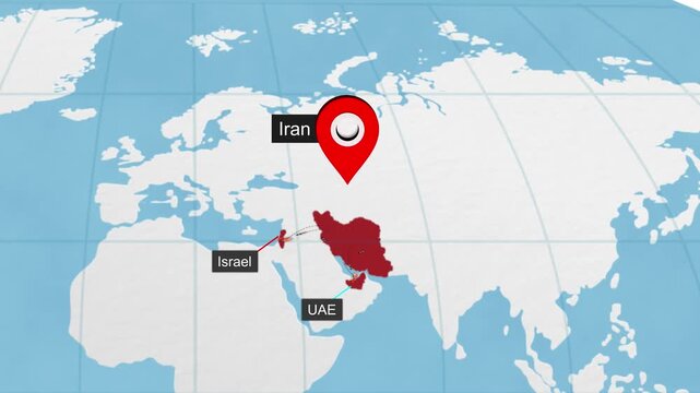 Iran and UAE and Israil map highlighted on world map 10 animated motion background video footage dynamic visual for digital media presentations market