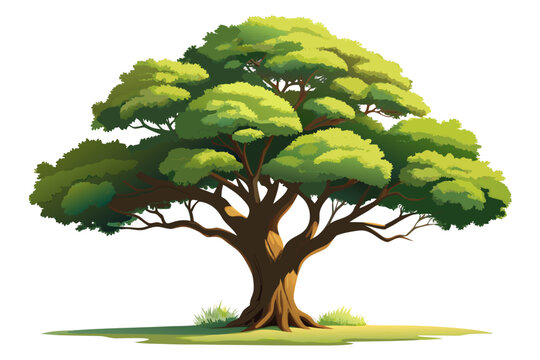 Majestic oak tree with lush green leaves and sturdy trunk on white background highlighting natural beauty and serenity